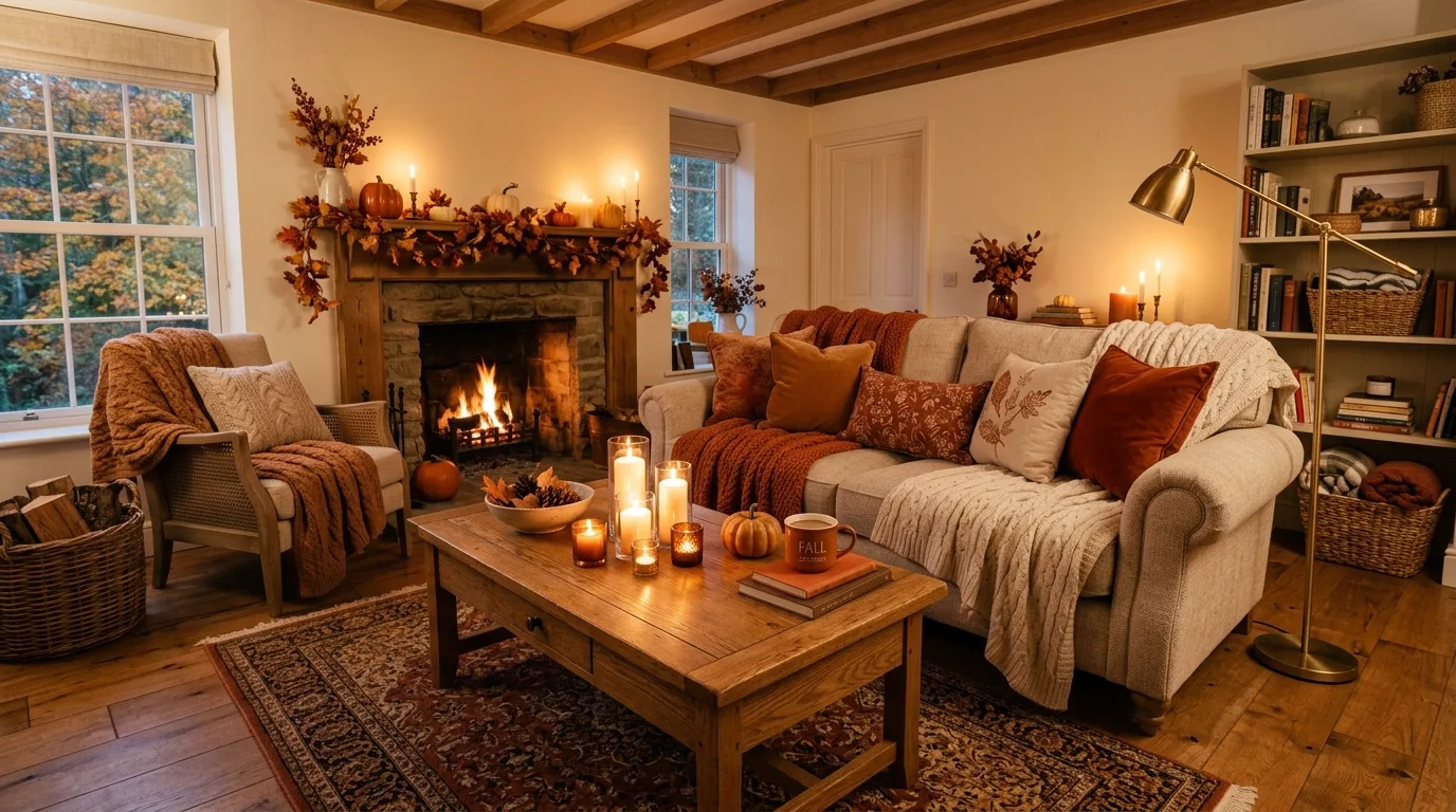 Warm fall home decor creating a cozy autumn seasonal refresh.